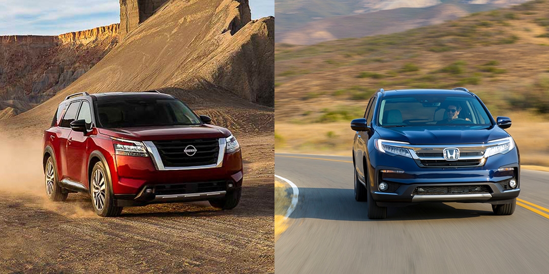 Comparatif entre le Nissan Rogue 2022 (droite) et le Honda Pilot 2022 (gauche)